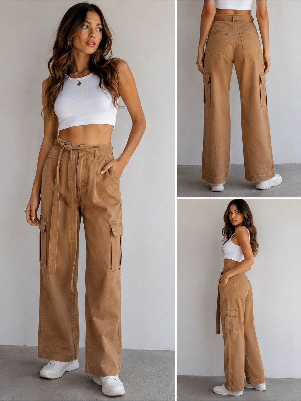 ZARA Women’s Paperbag Waist Cargo Pants Brown Cropped Belted Size XS